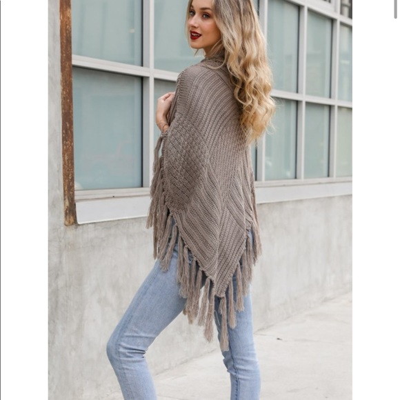 CONLEIGH-High Neck Fringe Sweater Poncho - Picture 5 of 7